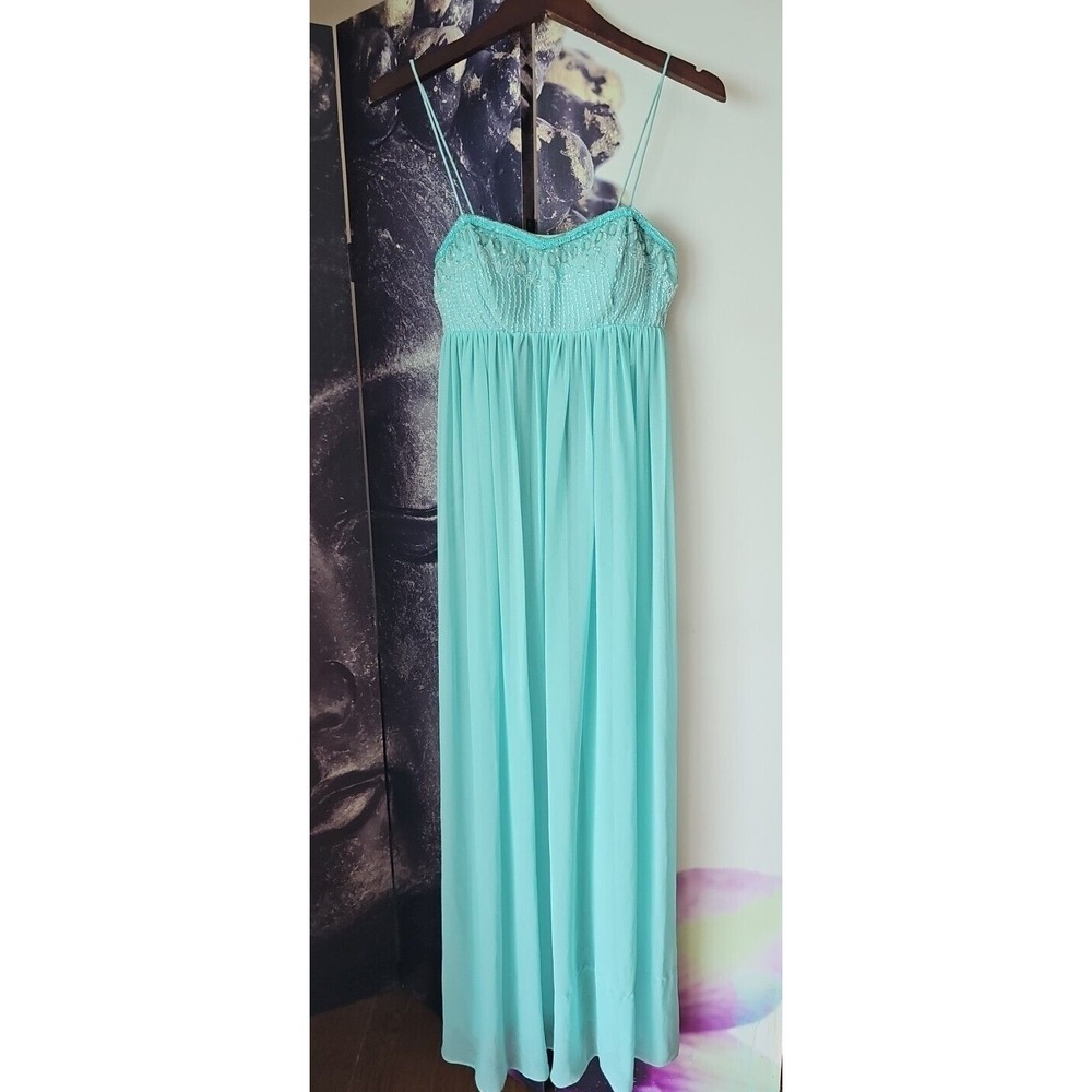 Aidan Mattox Green Spaghetti Strap Sheer Long Beaded Gown Formal Dress Size 2‎